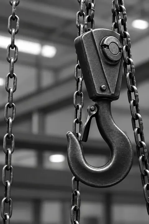 Gancho de tecle colgando de cadenas